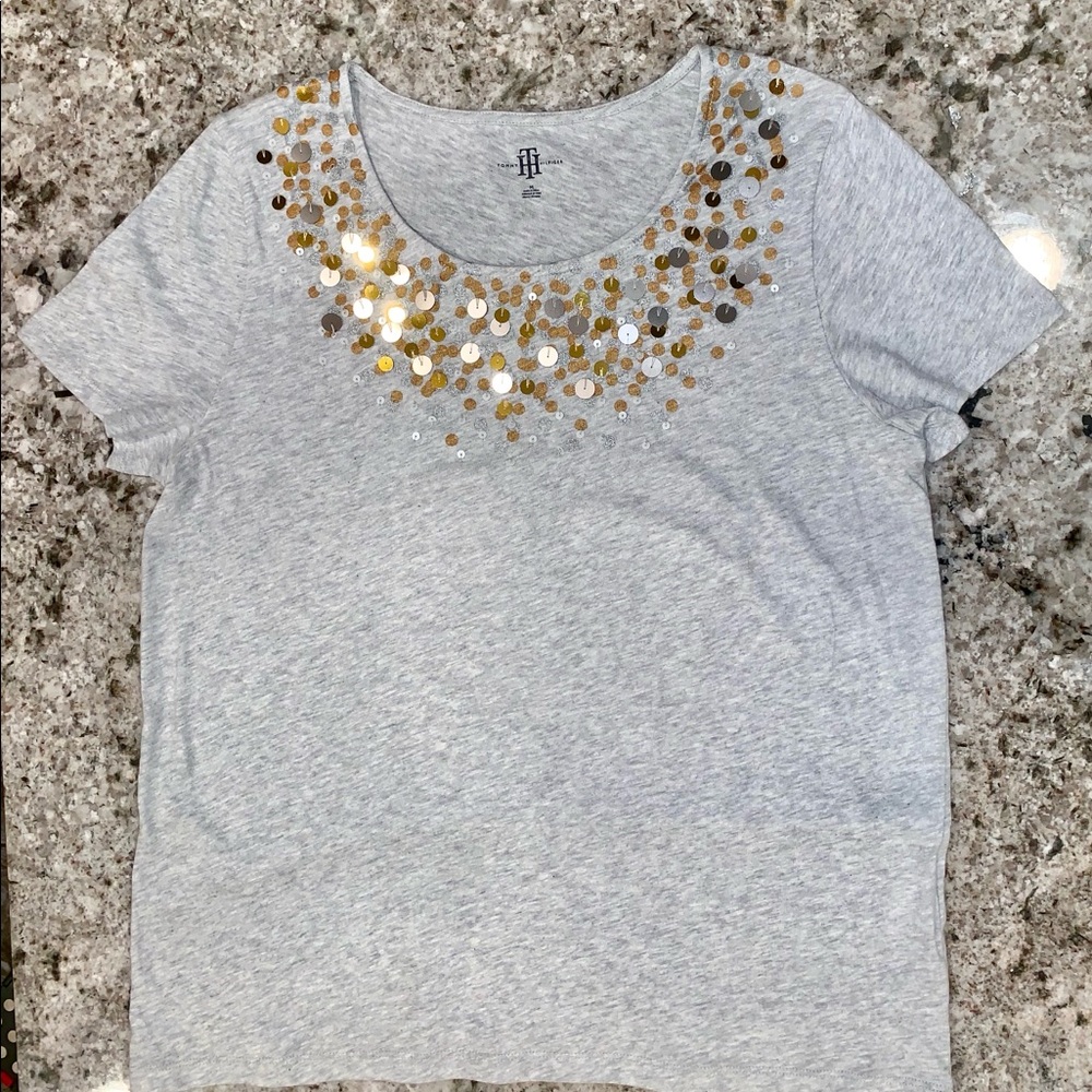 Tommy Hilfiger Sequins Tee Shirt Top Grey Women’s